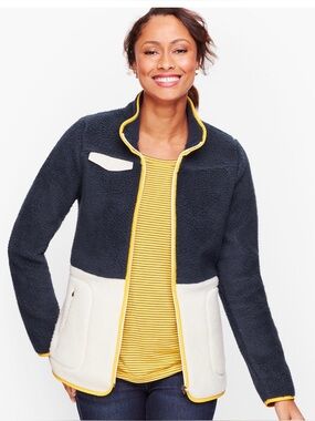 Talbots Navy and White Fleece Jacket with Yellow Trim